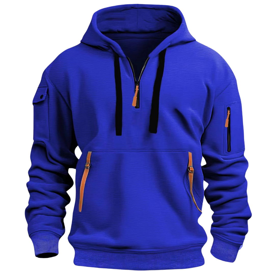 Stylish men's black zip front sports hoodie on a hanger, highlighting its clean design and utility.