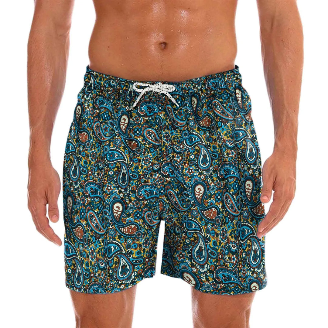 Men's blue paisley print quick-dry swim shorts, ideal for beachwear & summer vacation. Lightweight & comfortable.