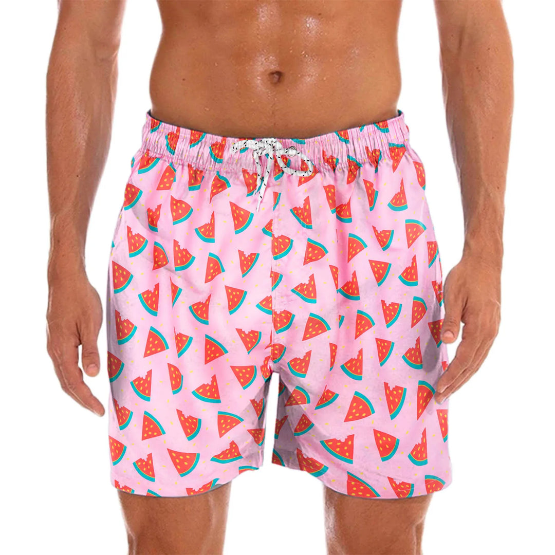 Comfortable men's quick-dry paisley print swim shorts for beach, pool, or resort wear. Lightweight men's swimwear.