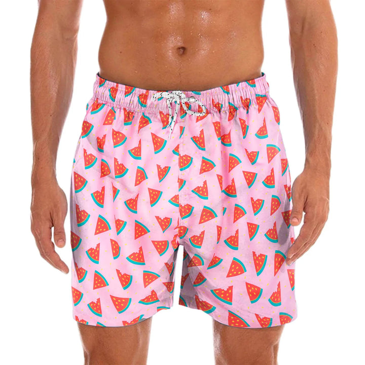 Comfortable men's quick-dry paisley print swim shorts for beach, pool, or resort wear. Lightweight men's swimwear.