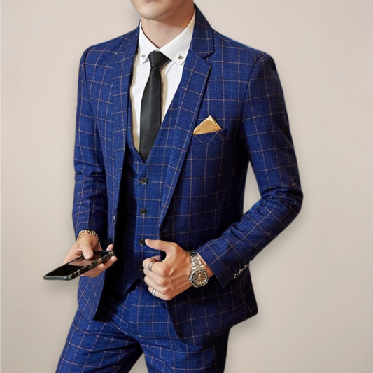 Men's blue plaid three-piece suit, ideal for spring formal wear and business casual occasions.
