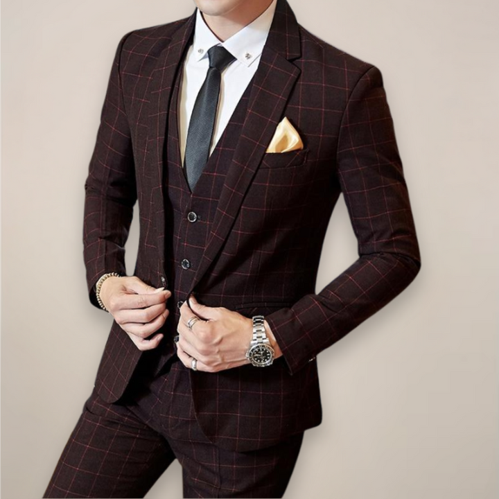 Stylish men's blue plaid three-piece suit, perfect as a wedding outfit or for smart casual events.