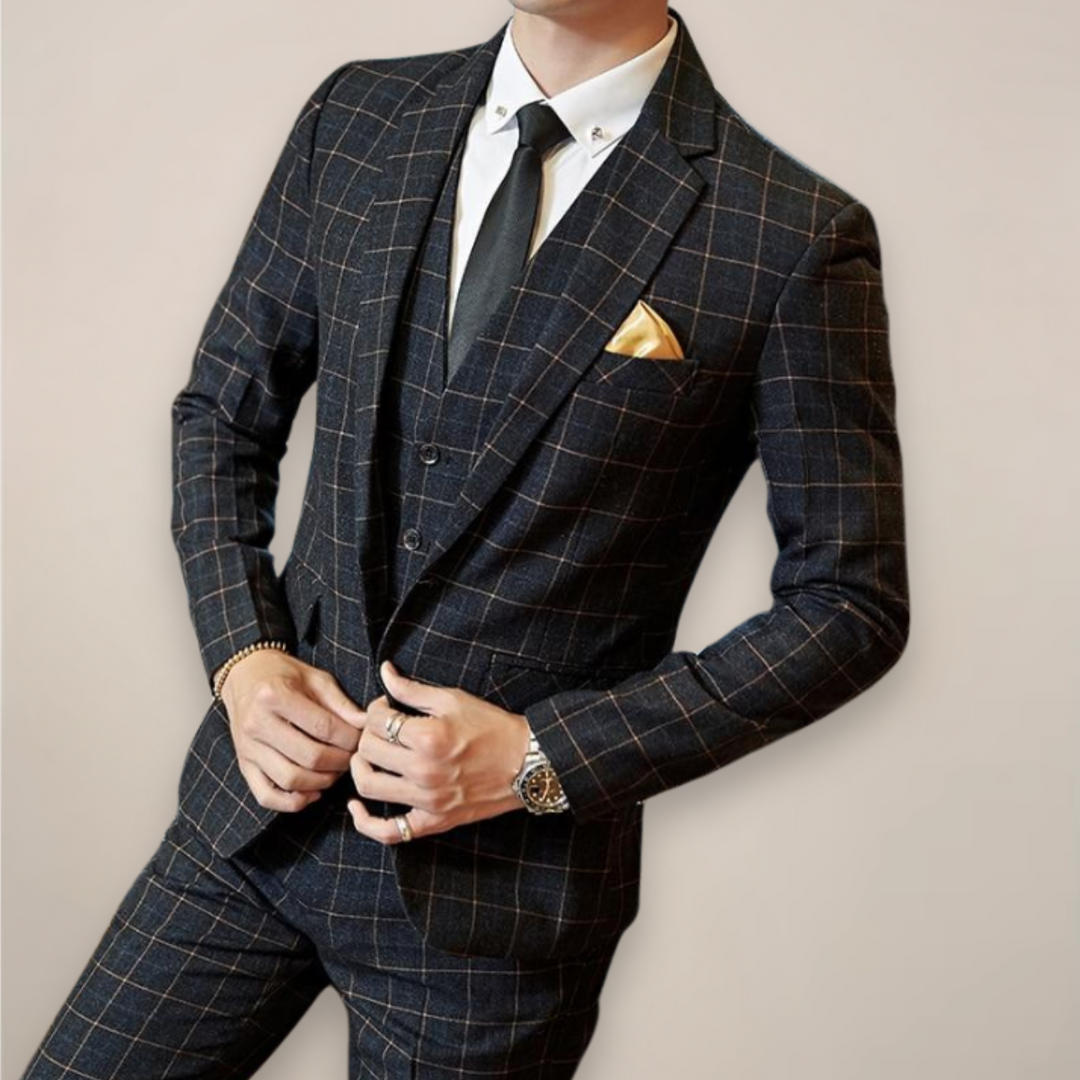 Sophisticated men's spring plaid three-piece suit, a versatile choice for formal wear and fashion.