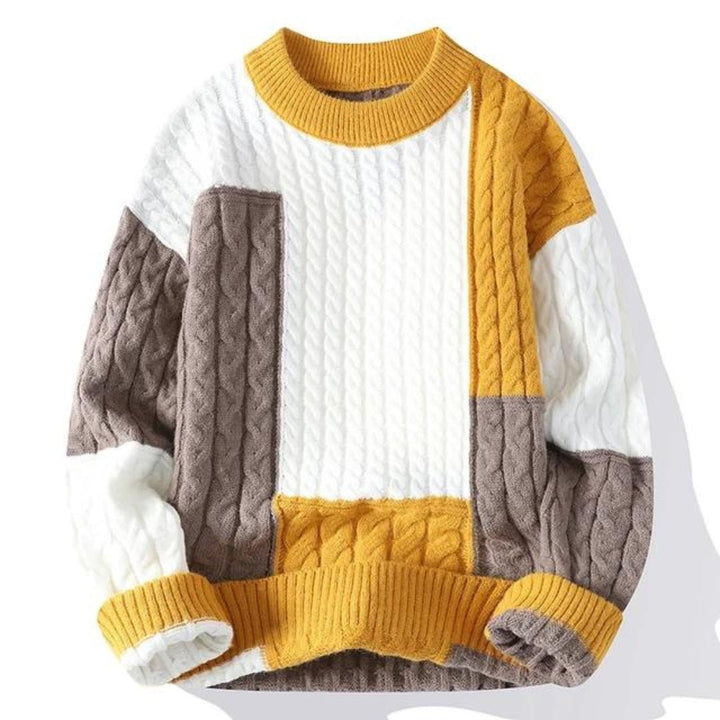 Men's bold color block crew neck sweater. Stylish pullover with comfortable cable knit for casual fashion.