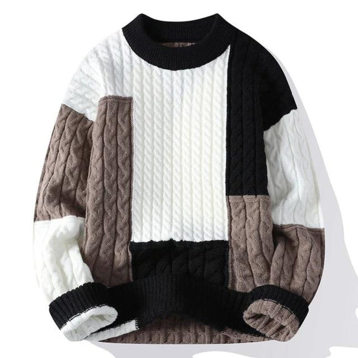 Comfortable men's color block crew neck sweater. Warm, stylish cable knit pullover for casual autumn wear.