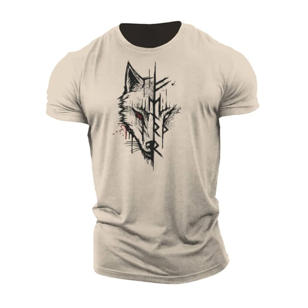 Detailed close-up of the unique graphic print on a men's short sleeve casual t-shirt. Bold design.