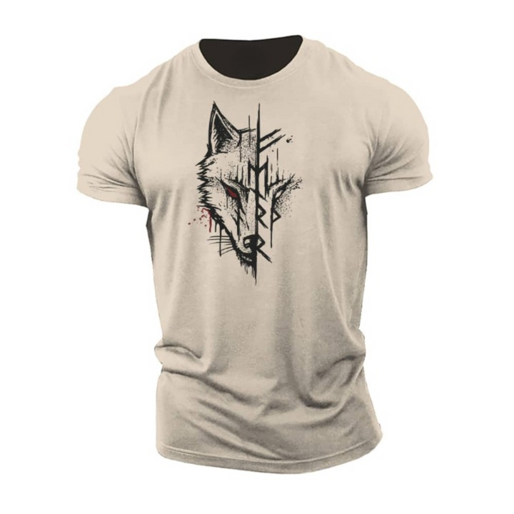 Detailed close-up of the unique graphic print on a men's short sleeve casual t-shirt. Bold design.