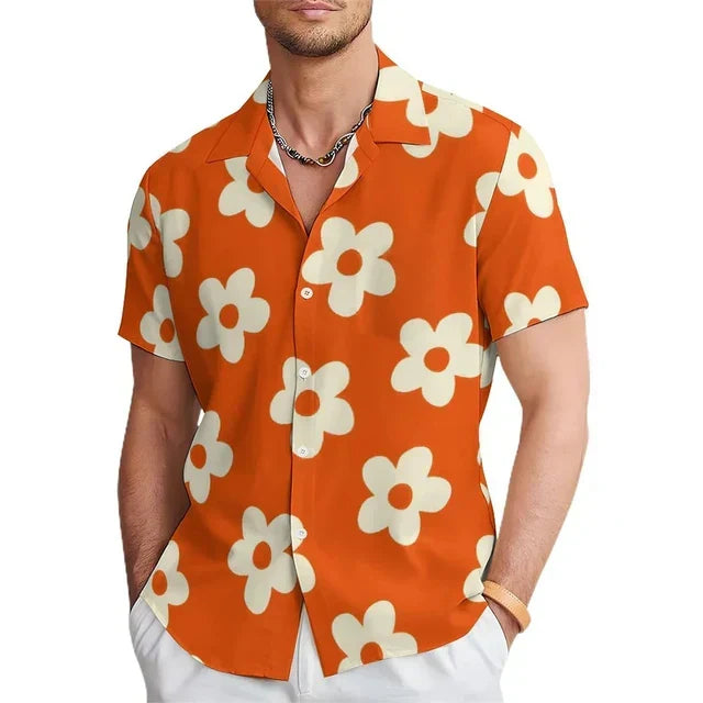 Men's bold orange floral print short sleeve shirt. Perfect for casual summer wear, beach outings, and vacation style.