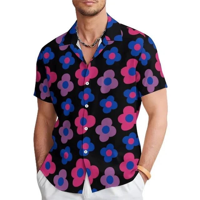 Stylish men's short sleeve shirt with vibrant floral print in bold orange. Ideal for summer, offering comfort & vacation vibe.