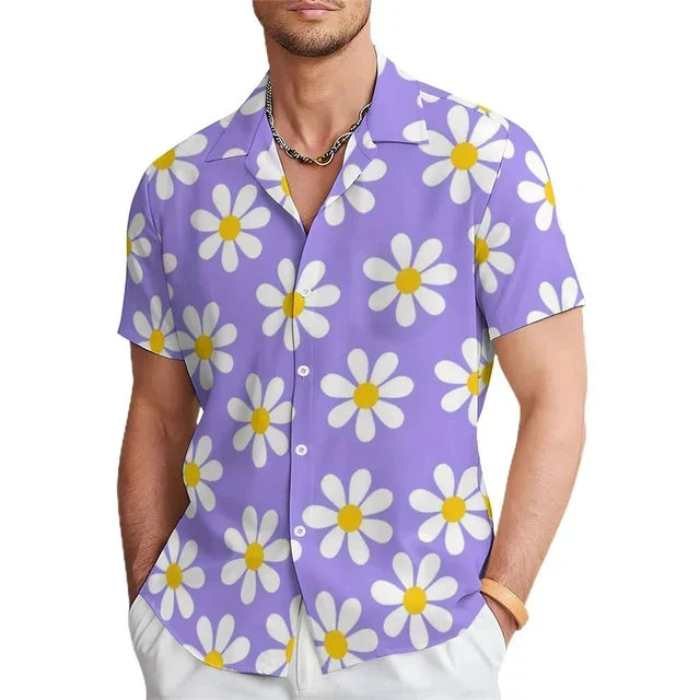 Comfortable men's short sleeve floral print shirt in bold orange. Great for casual summer days, beach, or vacation.