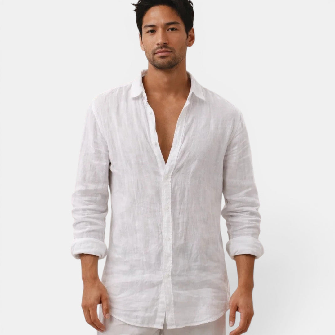 Close-up: breathable fabric on a men's casual long sleeve button up shirt, comfortable texture.