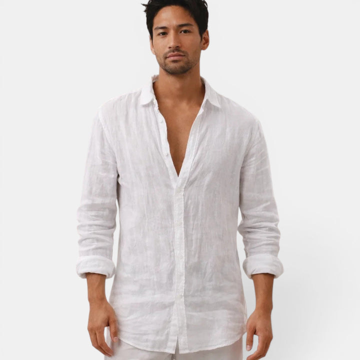 Close-up: breathable fabric on a men's casual long sleeve button up shirt, comfortable texture.