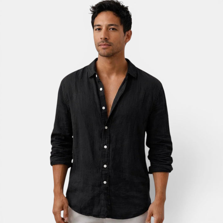 White men's breathable button up shirt, relaxed fit, perfect for casual summer comfort & everyday style.