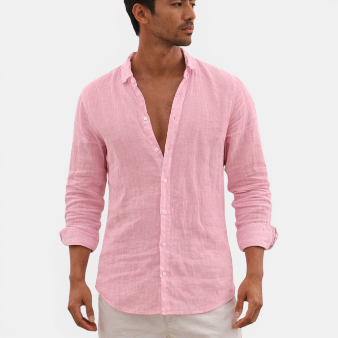 Back view of a men's relaxed fit breathable button up shirt, ideal for casual and comfortable summer fashion.