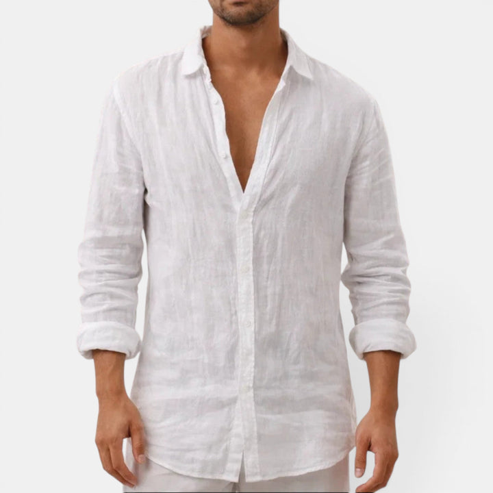 Soft, breathable men's long sleeve button up shirt, perfect for casual summer comfort.