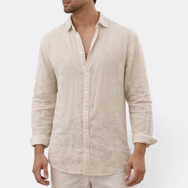 Casual men's long sleeve button up shirt, perfect for summer outings & relaxed everyday fashion.