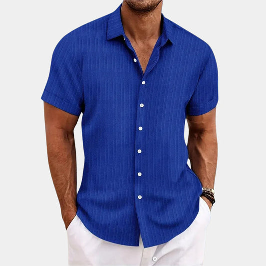 Men's breathable linen blend button-up shirt in light blue, perfect for summer casual comfort.