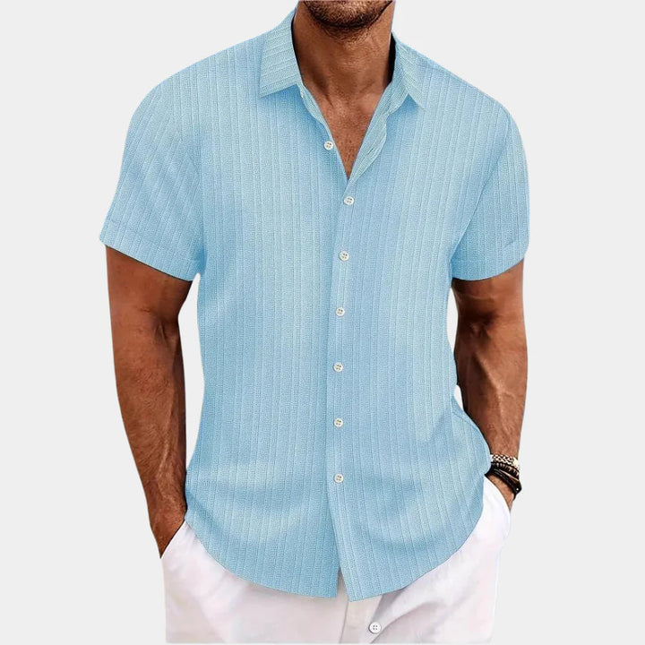 New men's short sleeve linen blend button-up shirt, lightweight and breathable for summer fashion.