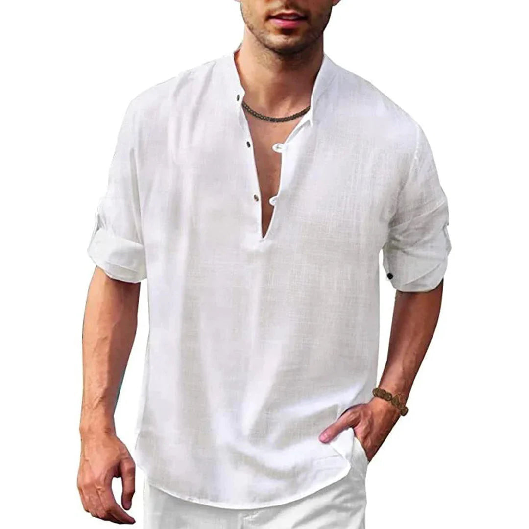 Side profile of a men's short sleeve linen blend button-up shirt, highlighting its modern cut.