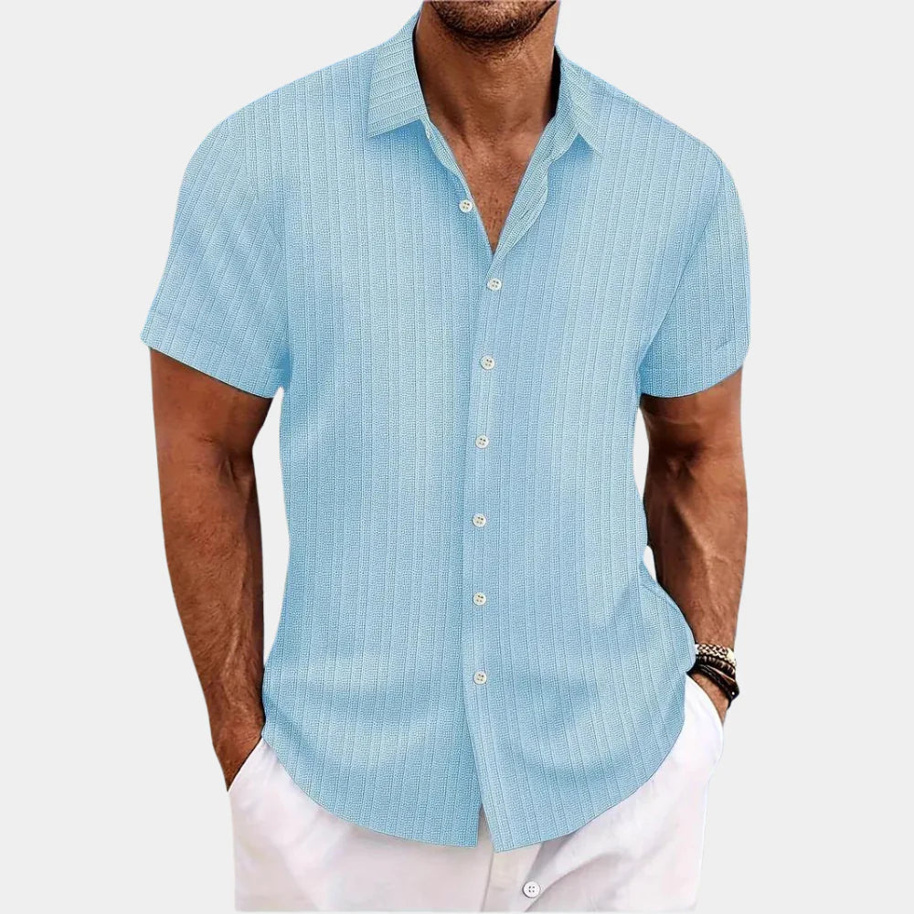 Resilient and comfortable men's linen blend button-up shirt, a stylish option for summer outfits.