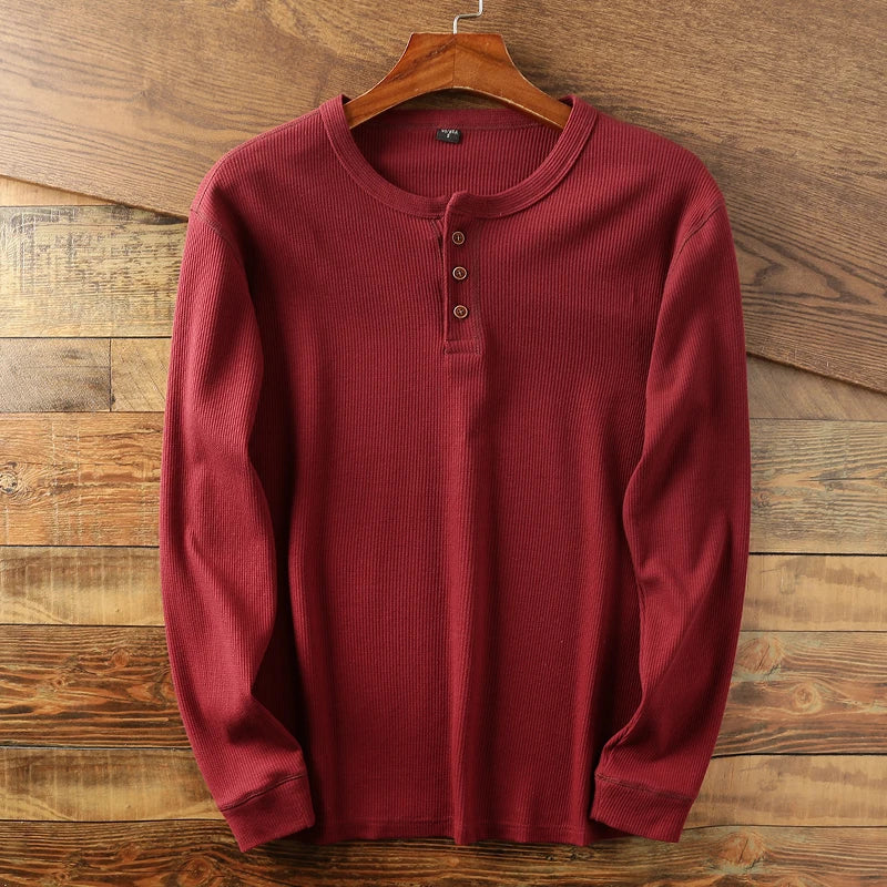 Versatile men's waffle Henley top, a breathable & comfortable choice for everyday style.