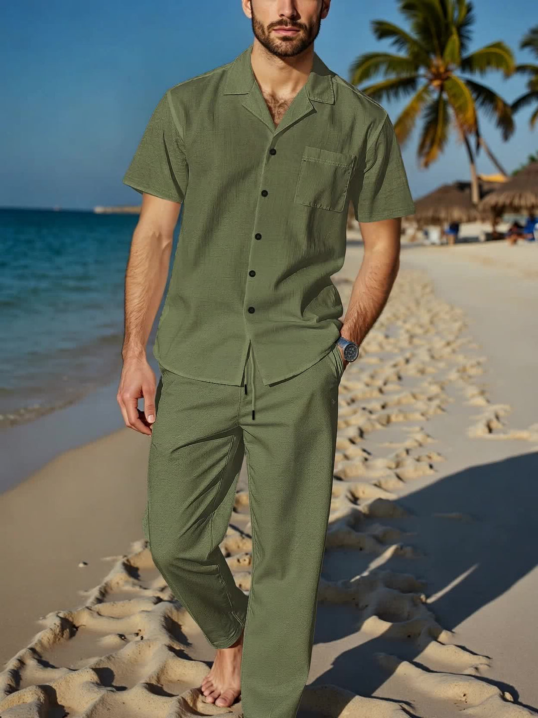 Men's linen blend set, featuring comfortable elastic waist pants & short sleeve shirt for leisure.