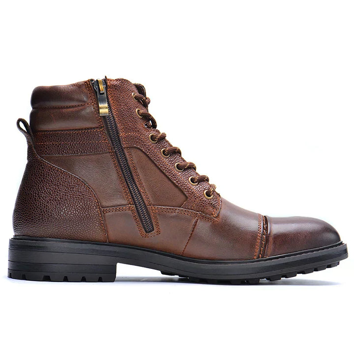 Men's brown durable lace-up boots with side-zip for easy wear. Work-inspired casual outdoor footwear.