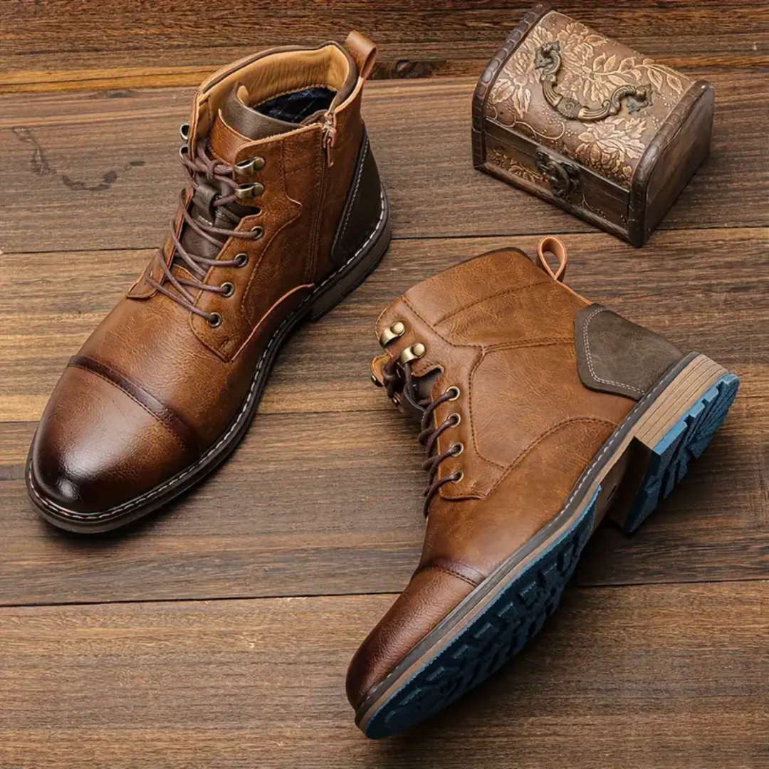 Men's brown fashionable hiking boots with robust grip sole for outdoor adventures.