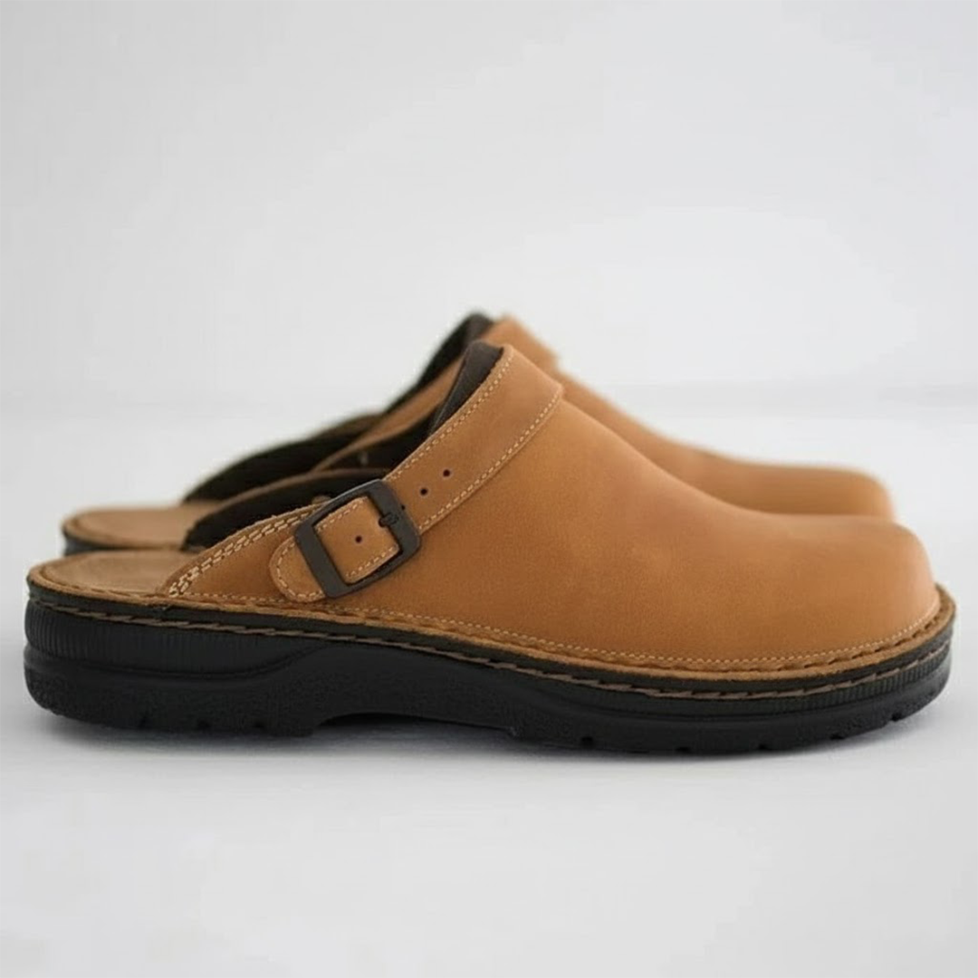 Dark brown men's orthopedic clogs with genuine leather, designed for easy slip-on and everyday comfort.