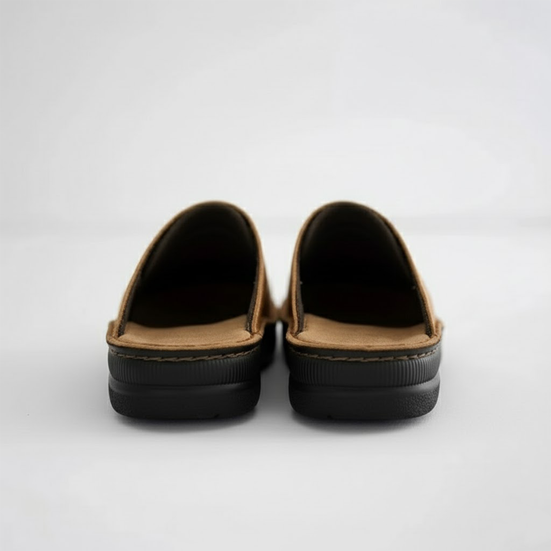 Tan leather slip-on clogs for men, featuring orthopedic design for ultimate comfort and casual style.