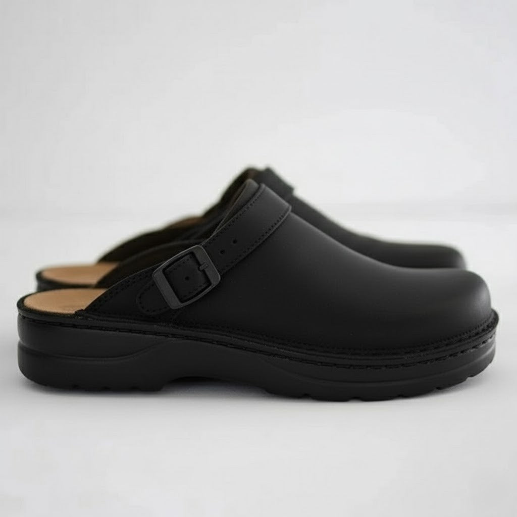 Side profile of durable men's slip-on leather clogs, engineered for orthopedic support and everyday use.
