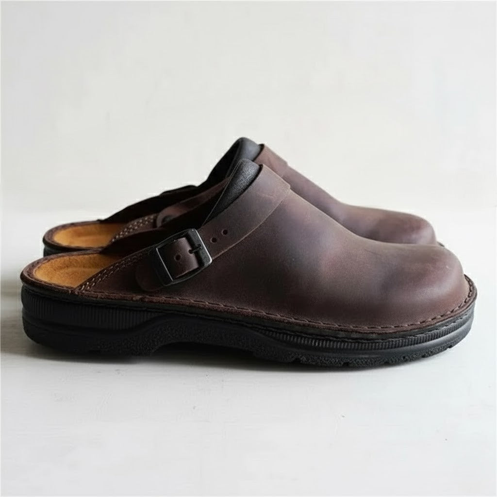 Stylish brown leather clogs for men, offering orthopedic benefits and a convenient slip-on fit for daily wear.
