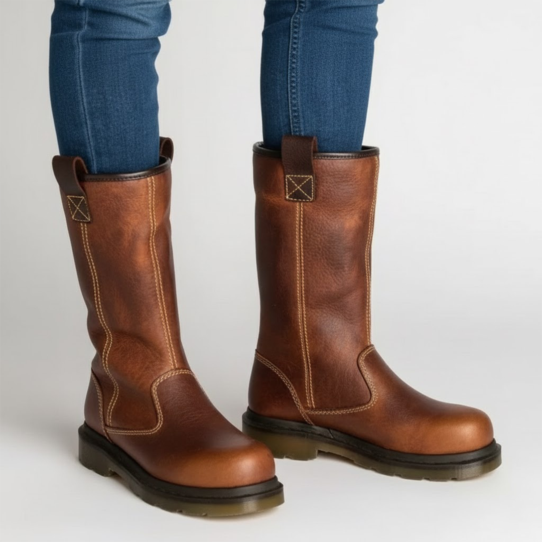 Men's brown lined leather work boots, durable & warm for winter, slip-resistant outdoor footwear.