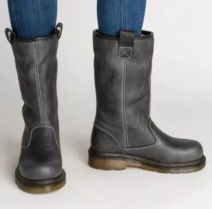 Full view of men's winter warm work leather boots, lined for comfort, slip-resistant and rugged.