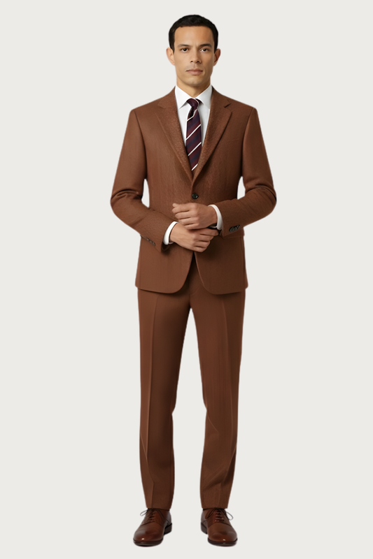 Men's burnt rust single-breasted suit, perfect for spring formal wear and looking sharp.