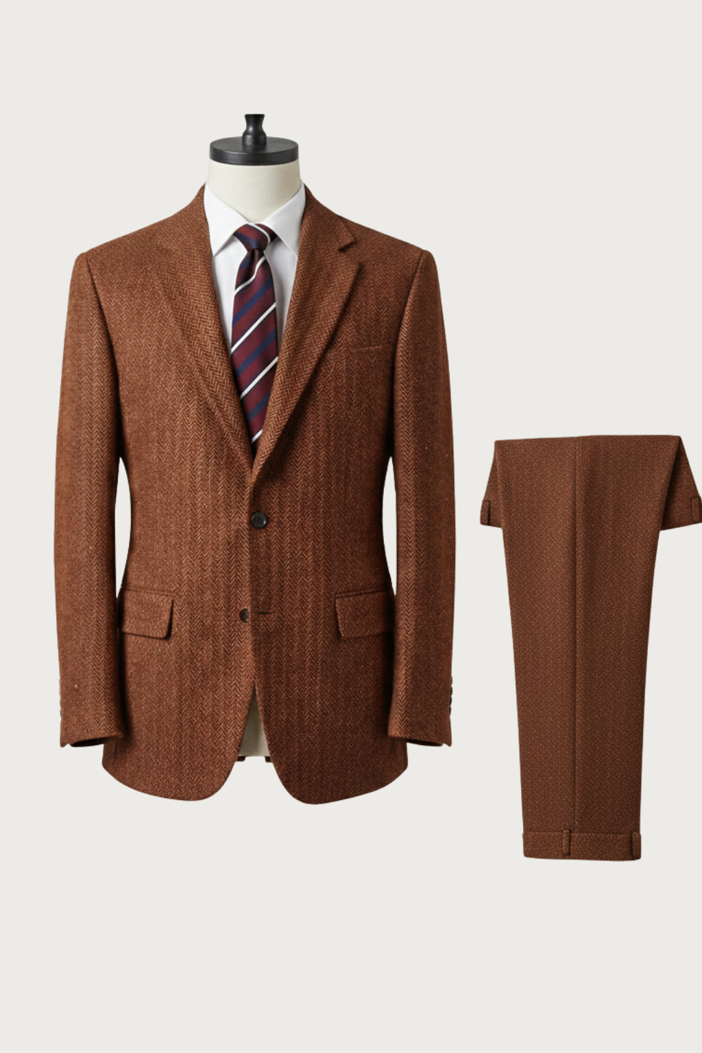 Stylish two-piece men's spring suit in a unique burnt rust color, ideal for casual chic.