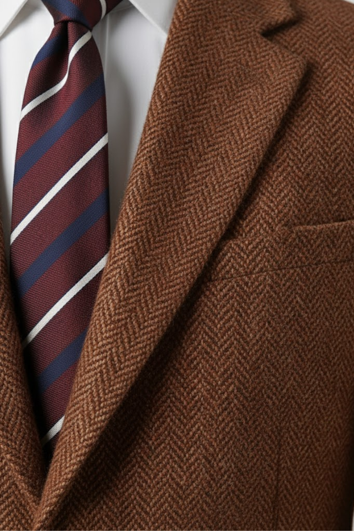 Close-up of a men's single-breasted burnt rust suit, showcasing quality fabric for spring formal wear.
