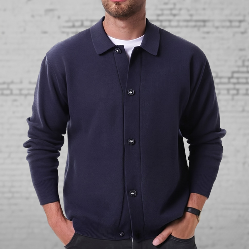 Men's button-down cardigan jacket with patch pockets. Versatile smart casual men's sweater, perfect for layering.
