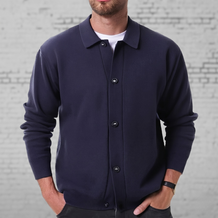 Men's button-down cardigan jacket with patch pockets. Versatile smart casual men's sweater, perfect for layering.