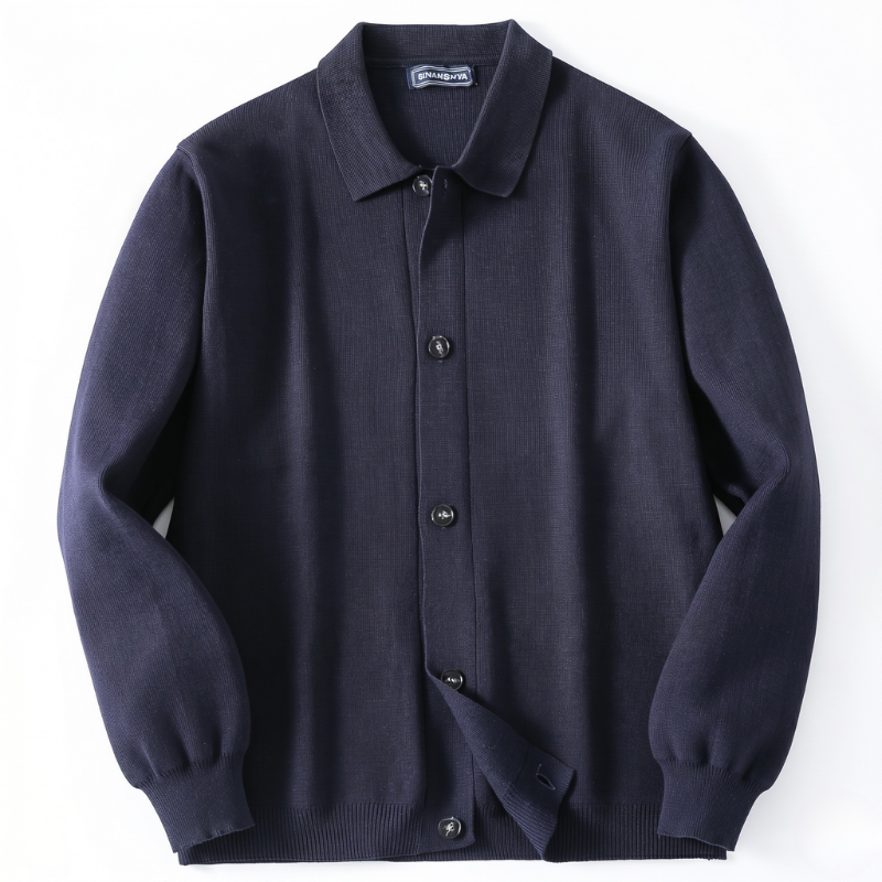 Stylish men's collared button-down cardigan sweater. Features front patch pockets, ideal for smart casual layering.