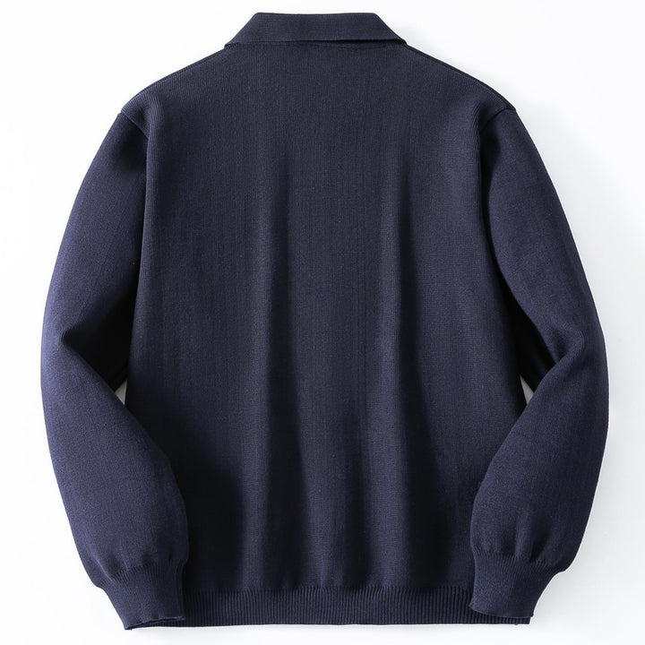 Navy men's patch pocket button-down cardigan jacket. Casual collared sweater for layering, essential for men's fashion.