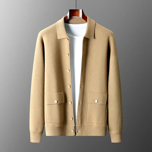 Stylish men's collared button-down cardigan with patch pockets, ideal for fall & winter layering.