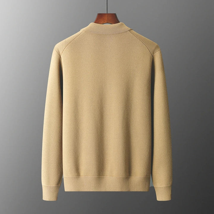 Comfortable men's knit button-down sweater, perfect as a versatile long-sleeve layering piece for casual wear.