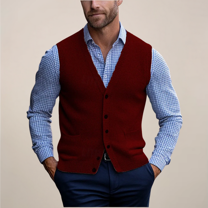 Close-up of a men's knit buttoned vest, highlighting the texture and quality of the spring fashion apparel.