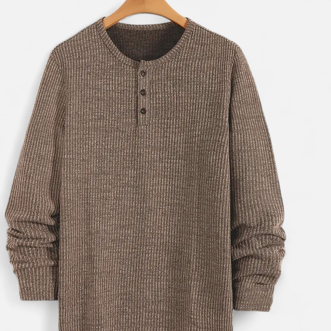Men's cable-knit henley sweater, long sleeve, button front for stylish casual autumn & spring fashion.