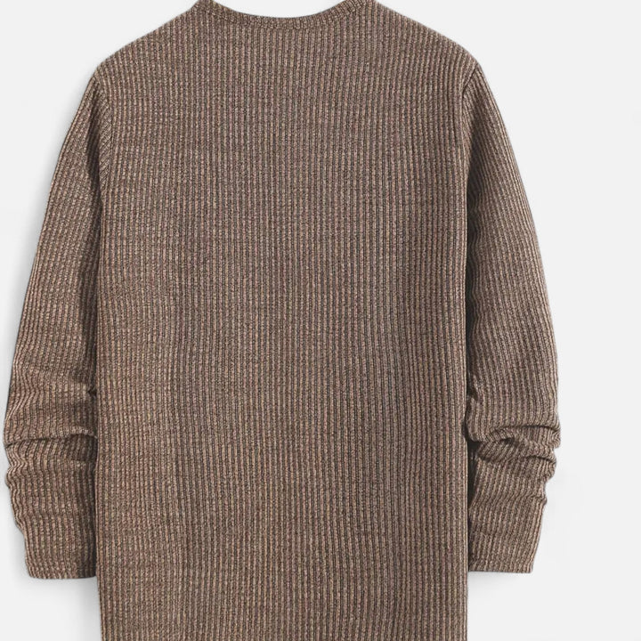 Front view of men's button-front cable-knit henley sweater, long sleeve pullover, comfortable & classic.