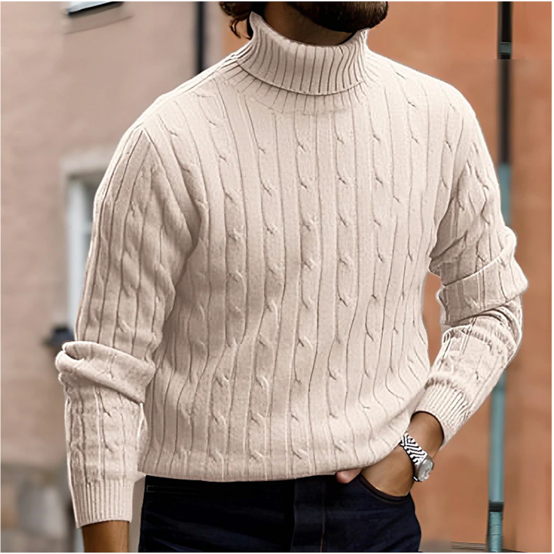 Men's cable knit turtleneck sweater, a warm & stylish choice for classic winter fashion.