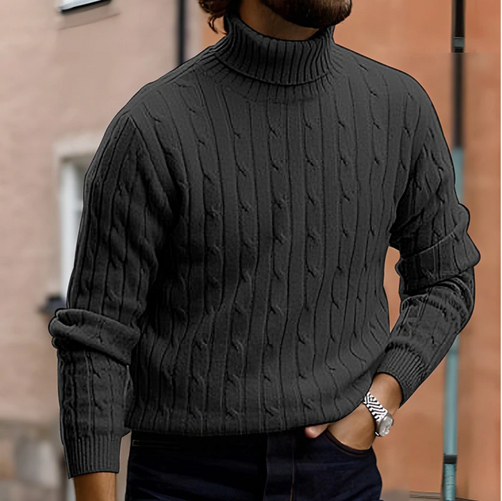 Warm men's cable knit turtleneck sweater, perfect for cozy fall & winter outfits and casual wear.