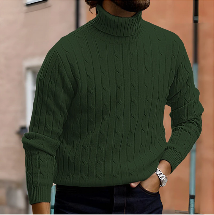 Stylish men's apparel: a textured cable knit turtleneck sweater for timeless winter warmth & comfort.