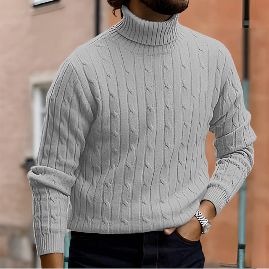 Classic men's cable knit turtleneck sweater, ideal for elegant winter style & staying warm.